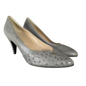 Vintage Gucci Ostrich Gray Pointed Toe Heels 38 Knight‎ Crest Label Italy COA